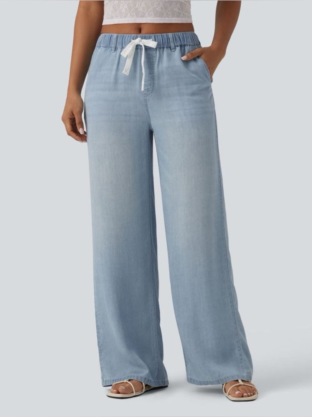 Halara Mid Rise Drawstring Casual Jeans with Pockets Baggy Wide Leg Size XL